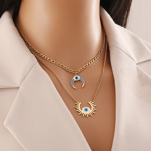Stainless Steel Double Layer Necklace And Earrings With Blue Enamel Evil Eye Crescent Moon Sunburst Pendants For Women