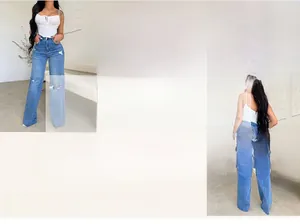 Detailweergave van blauwe wijde jeans met hoge taille, gescheurde knieën en onafgewerkte zoom
