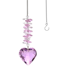 Pink heart crystal suncatcher with silver metal chain for garden and home decor