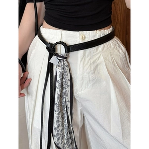 Vintage style black leather skinny belt with paisley print silk scarf for jeans