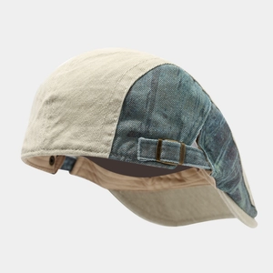 Distressed patchwork cotton newsboy cap with vintage denim and adjustable metal buckle