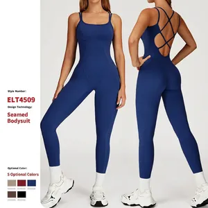 Combinaison de Yoga une Pièce pour Femme Sensation Peau Nue Dos Croisé Jumpsuit de Sport Moulant pour Fitness