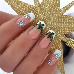 Christmas Press On Nails French Tip Snowflake Holly Berries Coffin Long Ballerina ABS Artificial Fingernails Holiday Theme