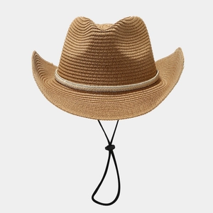 Classic straw western cowboy hat with decorative trim and adjustable chin strap