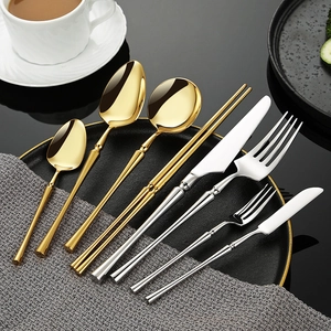 304 Stainless Steel Tableware Slender Handle Western Knife Fork Spoon Chopsticks Mirror Polished Gold Silver