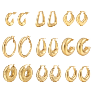 Stainless Steel Hoop Earrings For Women 18K Gold Plated Hollow Chunky Geometric Minimalist Vintage Textured Jewelry