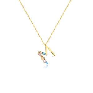 Minimalist S925 silver necklace featuring a gold letter M pendant with colorful zircons