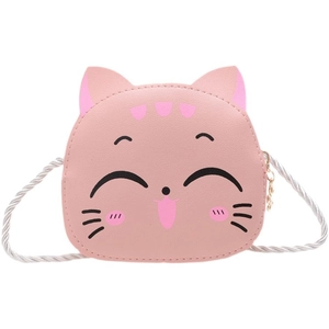 Pink kitten crossbody bag for kids with cat face design and white braided shoulder strap
