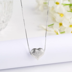Sparkling frosted heart pendant necklace with fine silver box chain for women