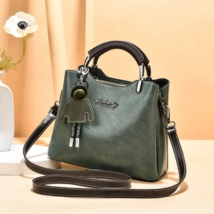 Women Shoulder Bag PU Oil Wax Leather Top Handle Crossbody Retro Small Square Tote With Green Doll Charm Multi-Pocket