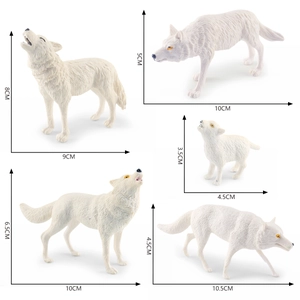 Five white wolf figurines in various poses including howling and standing with dimensions
