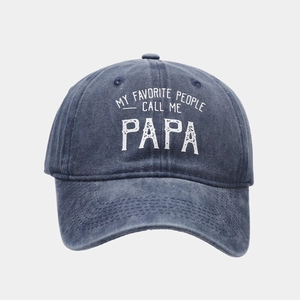 Detail of washed cotton baseball cap with My Favorite People Call Me Papa print