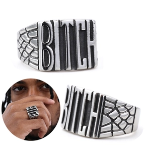 Punk Biker Ring 316L Stainless Steel Embossed BITCH Letter Rectangular Face Retro Oxidized Finish Men Street Jewelry