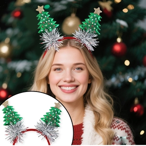 Detail of Christmas headband featuring glitter green trees and golden stars on a red band