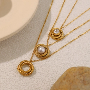 Retro 18K gold plated stainless steel layered necklace with pearls and rhinestones