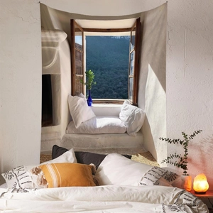 Bedroom wall tapestry showing forest scenery through a wooden window for cozy home decor