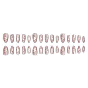 30pcs cat eye almond press-on nails with elegant gold leaf patterns and pearl finish