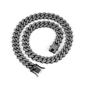 14mm black rhombic Cuban chain necklace with full double-row rhinestones for hiphop style