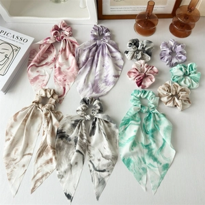 Scrunchies With Long Streamers Chiffon Satin Tie Dye Marble Pattern Elegant Sweet Hair Ties For Women Girls