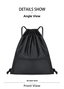 Detailed front view of black drawstring backpack with honeycomb texture and front zipper