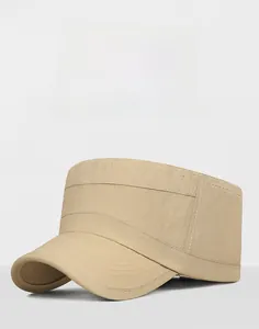 Detail view of khaki quick-dry cadet cap with reinforced stitching and flat top design