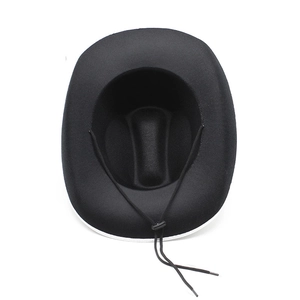 Vertical view of black cowboy hat with adjustable chin strap and wide brim detail