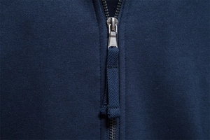 Close-up of navy blue cardigan featuring a metal zipper and fine knit texture