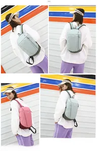 Detail of light green and pink outdoor backpacks shown on model in four-grid view