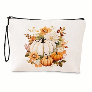 Linen makeup bag with autumn pumpkin daisy print and convenient zipper closure