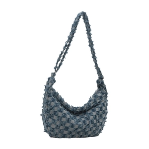 2024 Large Capacity Blue Denim Tote Bag with Checkered Pattern and Fringed Edges