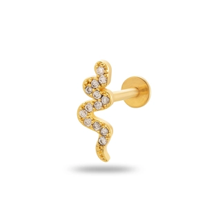 Gold snake labret stud with crystal inlay for tragus and cartilage piercings