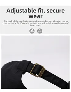 Detail of adjustable metal buckle on a black baseball cap for size customization