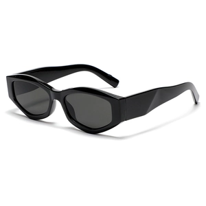 Modern black geometric cat eye sunglasses with thick frames and dark grey lenses