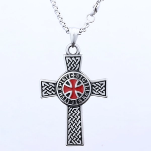 Vintage stainless steel Maltese cross pendant necklace with red enamel and Latin engraving