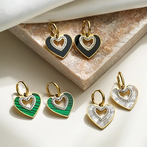 Titanium Steel Heart Hoop Earrings Gold Plated Geometric Zircon Inlaid Shell Texture Fashionable Elegant For Women