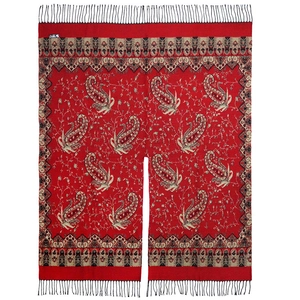 Red paisley pashmina shawl with black tassels and open front design for women
