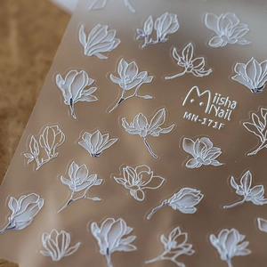 Stickers nail art MN-171F avec motifs élégants de fleurs de magnolia blanc sur feuilles adhésives