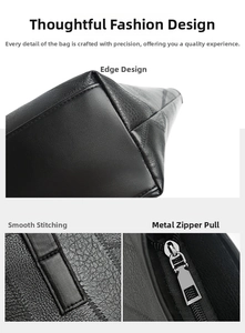 Detailed view of black lychee leather bag with precision stitching and silver hardware