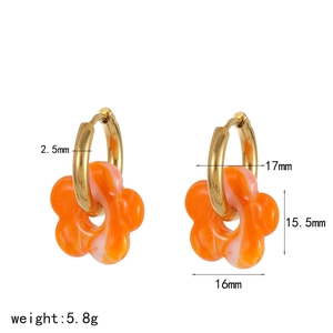Golden stainless steel hoop earrings with orange and white marble flower pendants