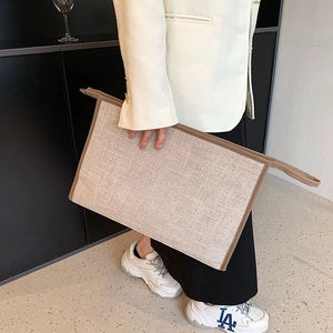 Sac fourre-tout business minimaliste en toile avoine avec bordure marron et grande capacité