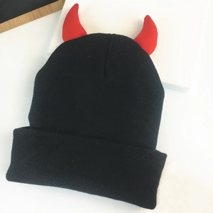 Funny black knitted beanie with red devil horns for hip-hop winter warmth and style