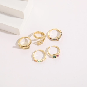 Detailed collection of five 14K gold plated rings with colorful zircon inlays