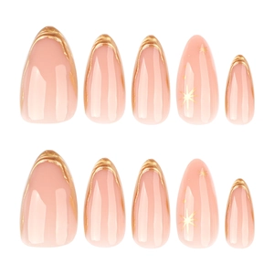 Short almond press on nails with gold bronzing French waves and sparkling stars design