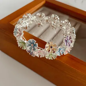 Colorful Flower Elastic Bracelet Enamel Daisy Shape Alloy Stretch Bangle Jewelry For Women Girls Sweet Fresh Korean Style