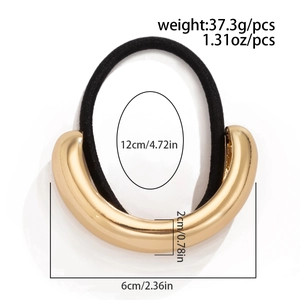 Detail view of gold double-layer curved metal hair tie with dimensions and weight info