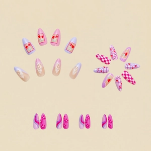 Almond-shaped Valentine press-on nails with cute cherry and pink heart patterns