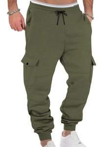 Detail of olive green cargo joggers showing fleece texture, drawstring waist and side pockets