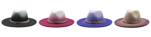 Close-up of four gradient felt fedoras featuring stylish chunky gold chain band accents