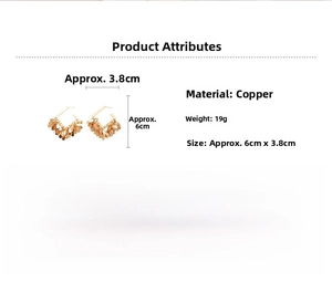 Detailed view of gold sequin tassel earrings with 6cm x 3.8cm dimensions and weight info