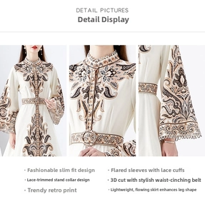 Detail view of lace stand collar and flared sleeves on vintage printed midi dress